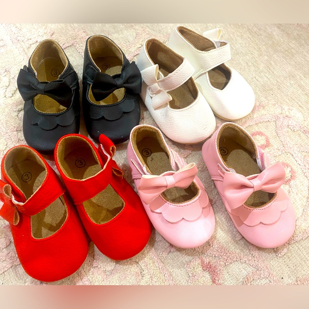 BABY SHOES; 4 pair leather baby walker shoes with rubber soles. Each worn once.